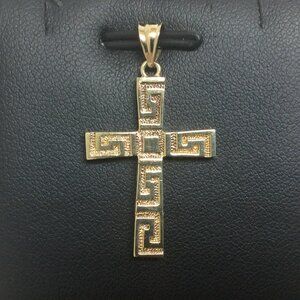 14k Solid Yellow Gold Cross Greek Key 2.2 Grams Religious Charm pendant